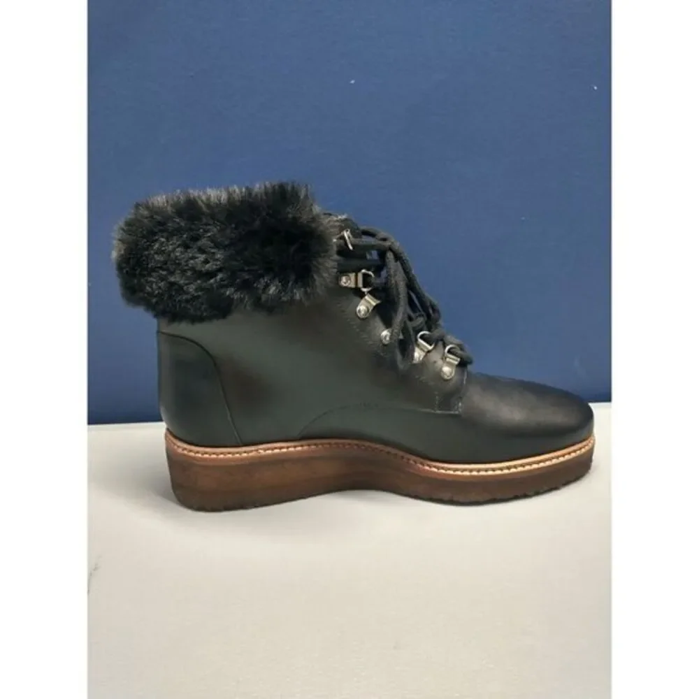 Botkier Mocha Winter Boots Women Size 7.5 Black Genuine Leather Fur Trim Lace Up